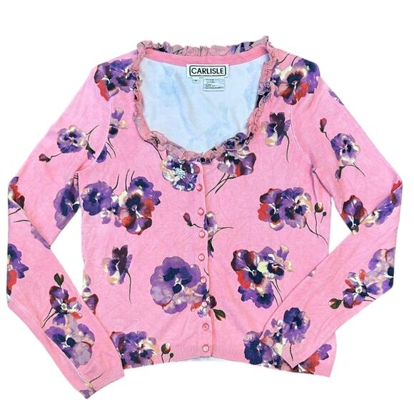 CARLISLE‎ Cardigan Sweater Pink Floral Sparkle Women’s Size M - Picture 6 of 8